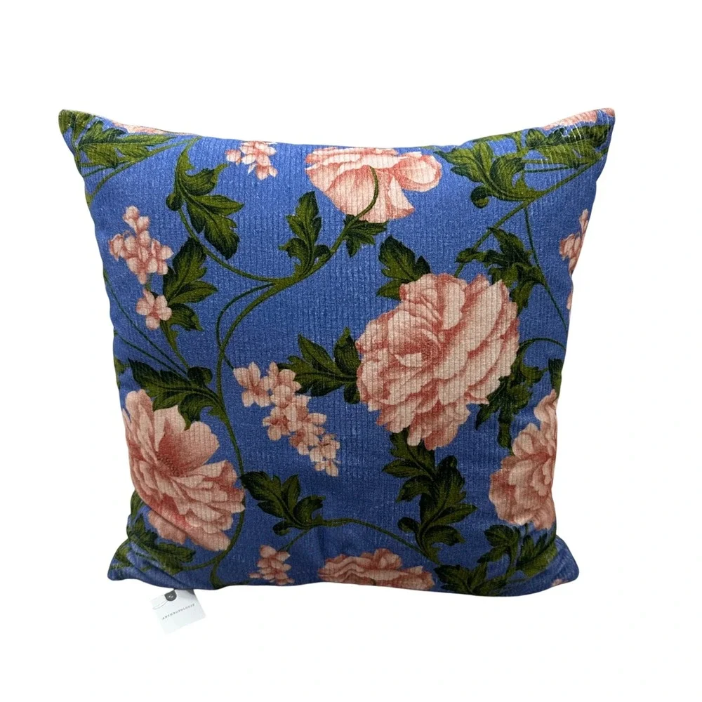 Anthropologie Floral Celia Velvet Throw Pillow Blue Pink 100% Cotton Cord 18x18